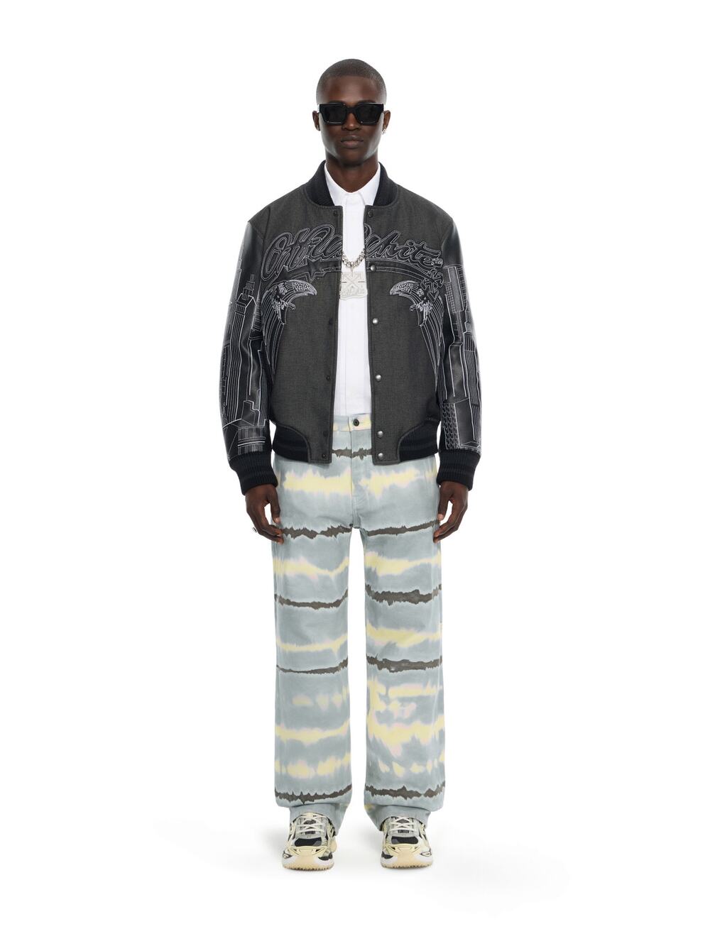 NWT Off-White Virgil Abloh Skyline Leather-Sleeve Varsity Jacket Black Size 50